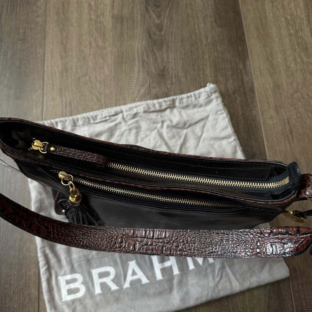 Brahmin Shoulder Bag Womens Black Brown Croc Embossed Leather Tassel Purse Tote - Picture 10 of 10